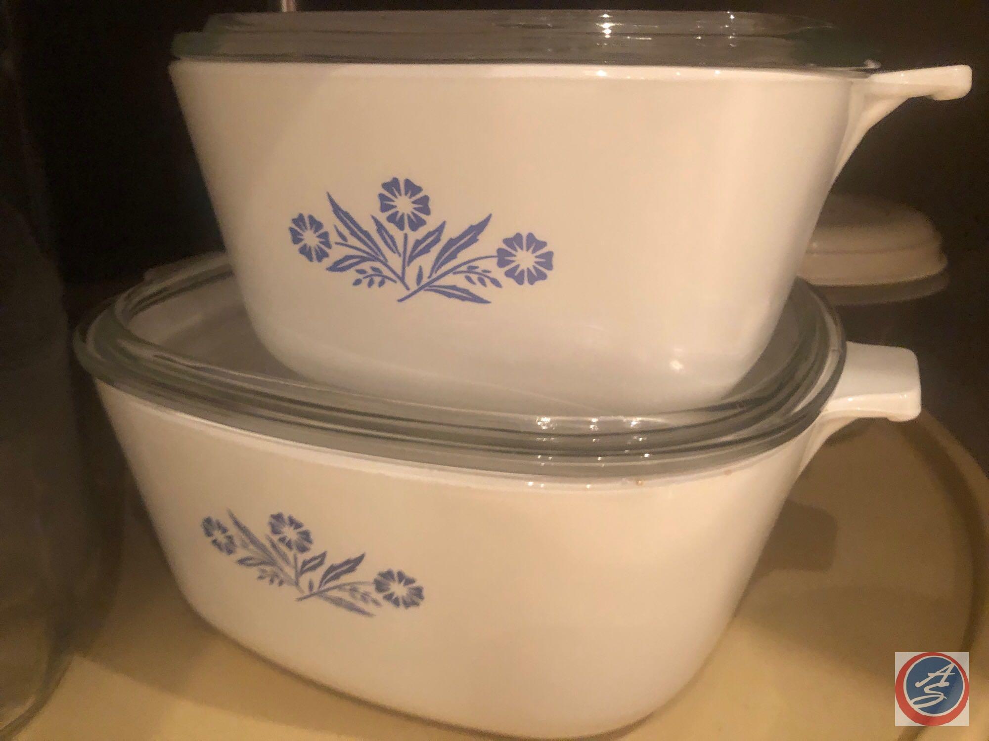 Vintage Blue Pyrex Bowls and 1 3/4 Qt. Corning Ware Dish and 2 Qt. Corning War