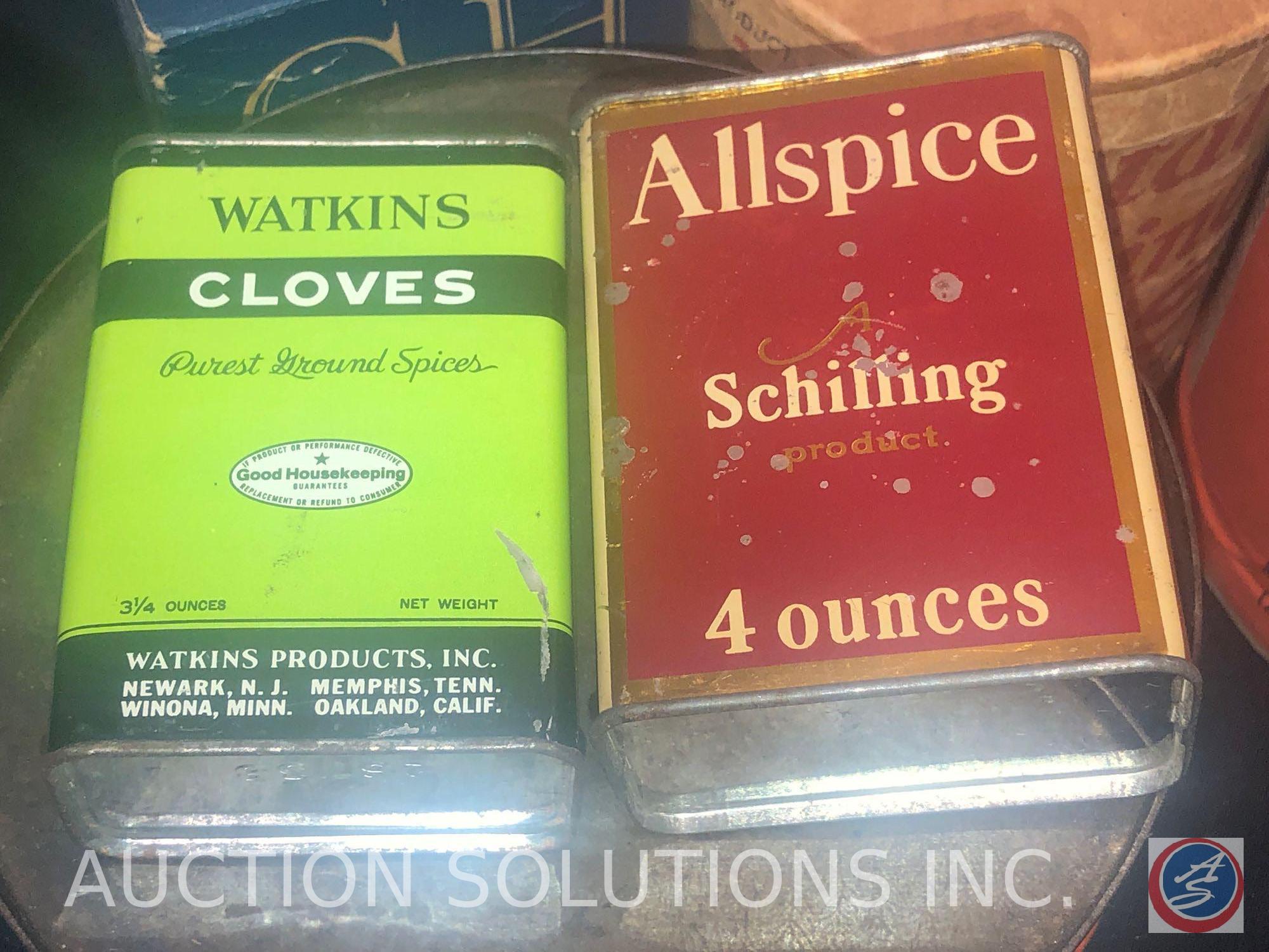 Nabisco Premium Saltine Cracker Tin (Empty), A Schilling Product All Spice (Partially Used), Watkins