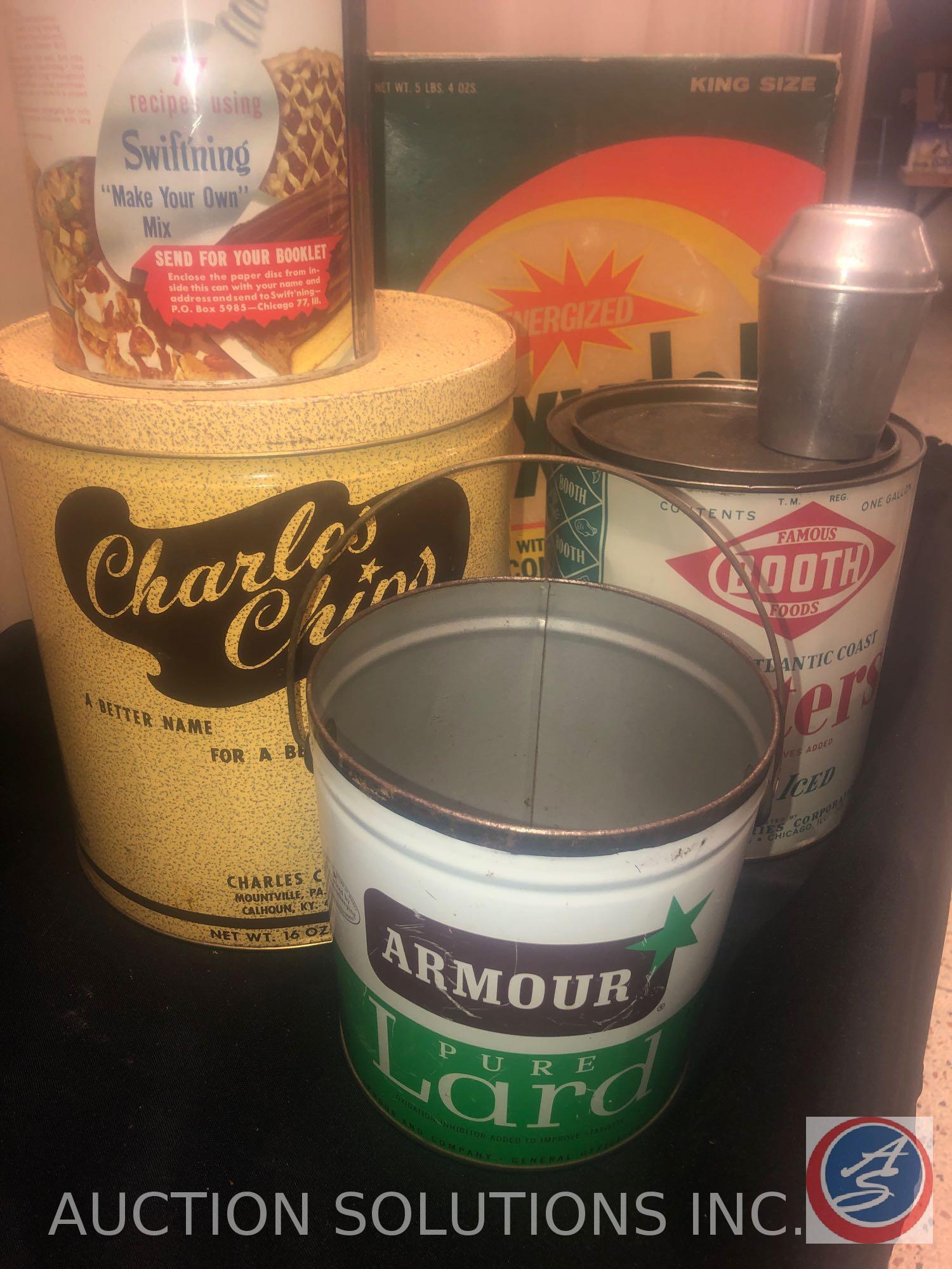 Empty Tins Including One Gallon Famous Booth Foods Oyster Tin, Armour Pure Lard, Charles Chips Tin