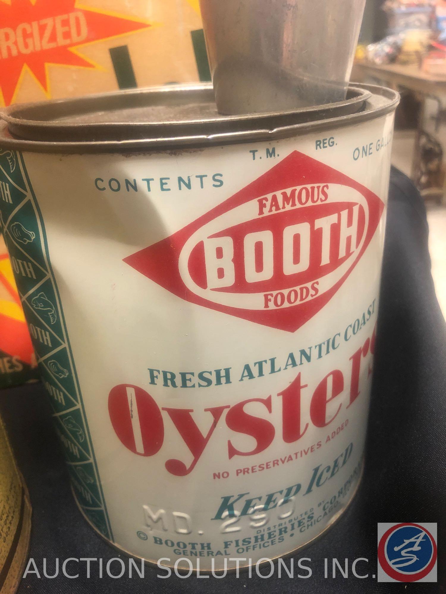 Empty Tins Including One Gallon Famous Booth Foods Oyster Tin, Armour Pure Lard, Charles Chips Tin