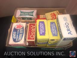 (2) Boxes of Watkins Perfume Starch, Blue Barrel White Laundry Soap, Tintex All Fabric Tints and