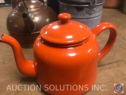 (2) Brass Tea Kettle Orange Porcelain Enamel Tea Pot, Speckle Ware Tea Kettle