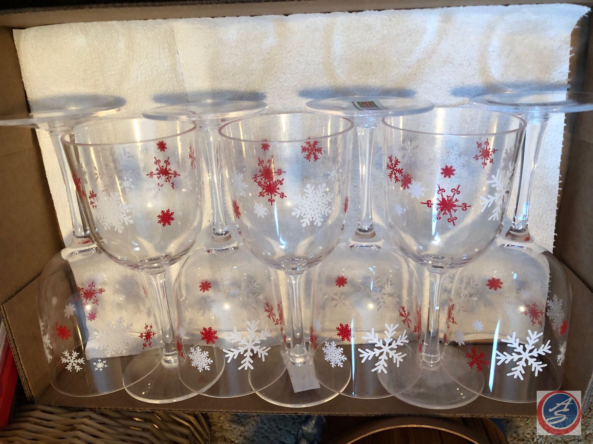 (7) Snowflake Wine Glasses, Assorted Picture Frames and Picture Frame Cards, Assorted Wicker Baskets