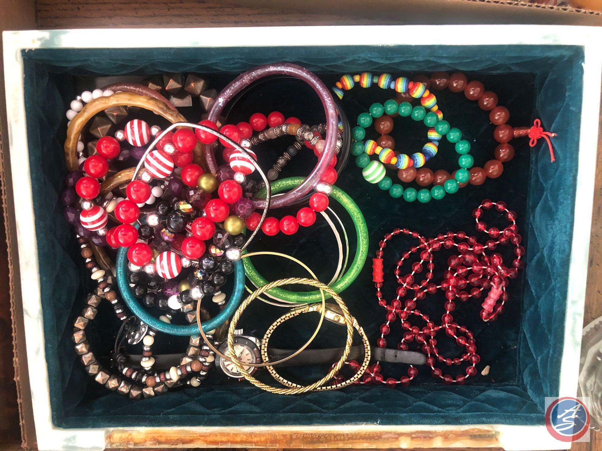 Avondale Genuine Crushed Glass Jewelry Box Containing Assorted Costume Jewelry [[HINGES ARE BROKEN]]