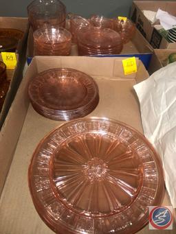 Vintage Pink Depression Glassware Including (6) Cups, (6) Salad Plates, (11) Saucers, Pitcher, (6)