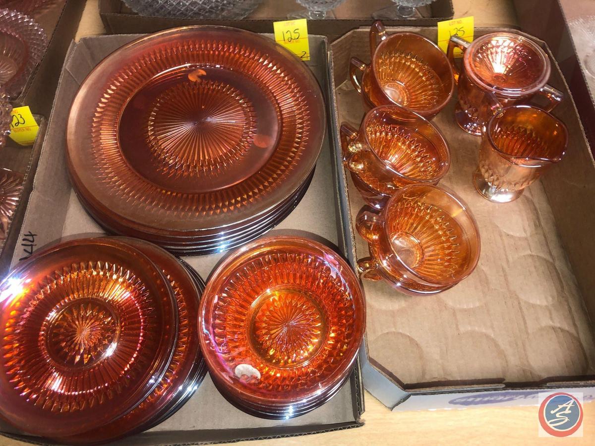 Vintage Orange Carnival Glassware Including (6) Cups, (3) Saucers, Footed Cream Pitcher, Footed