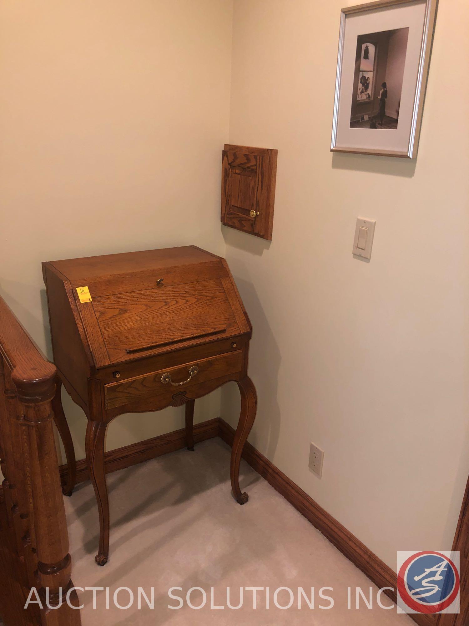 Vintage Baker Furniture Hide-A-Desk Measuring 23" X 16" X 37 1/2", Framed Wizard Of Oz Print Signed