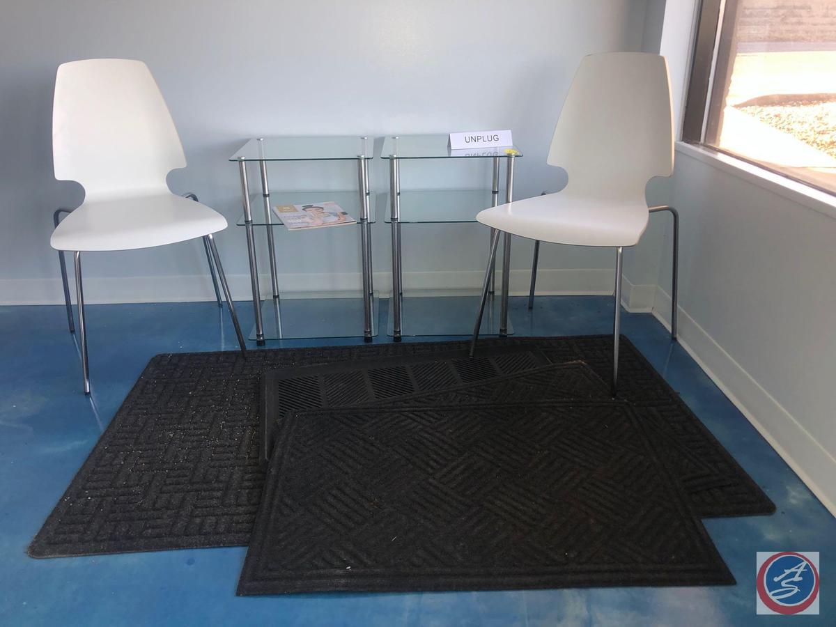 (4) Entry Way Rug Assorted Sizes, (2) Glass and Metal End Tables Measuring 16 1/2" X 16 1/2" X 24",