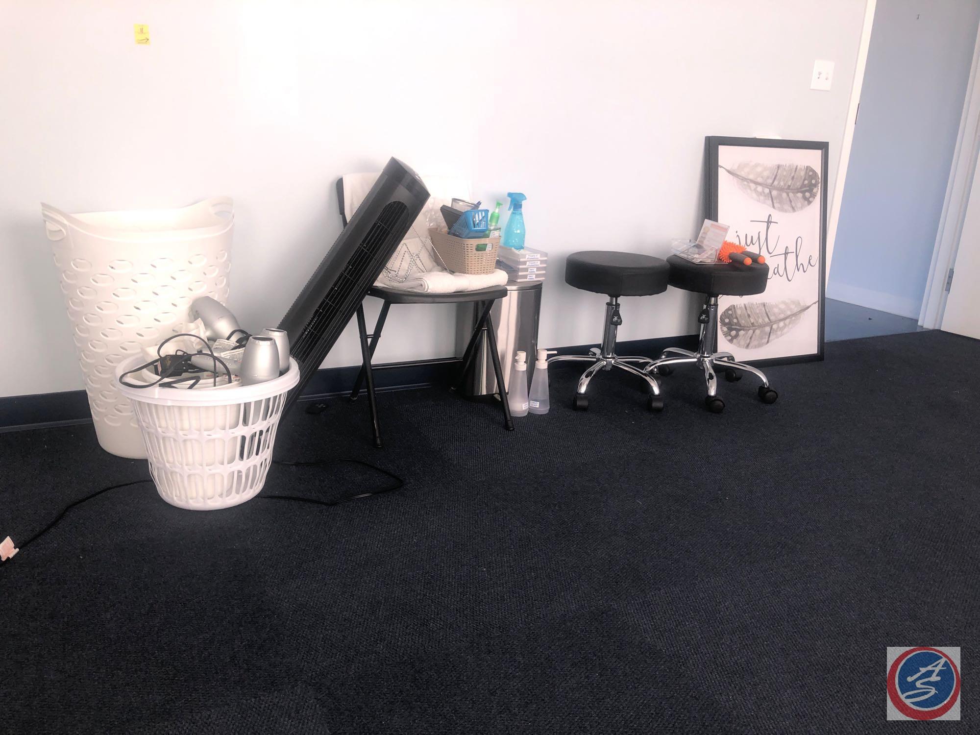 (2) Rolling Adjustable Stools, (2) Large Hampers, (3) ION Hair Dryers, (2) Framed Prints That Say