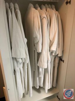 (9) Bath Robes of Assorted Sizes, Stack of Disposable Face Rest Covers, Storage Bin of Assorted