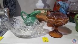 Cut/Etched Floral Lead Crystal Oval Bowl, Blown Glass Lamp, Footed Amber Glass Candy Dish with Lid,