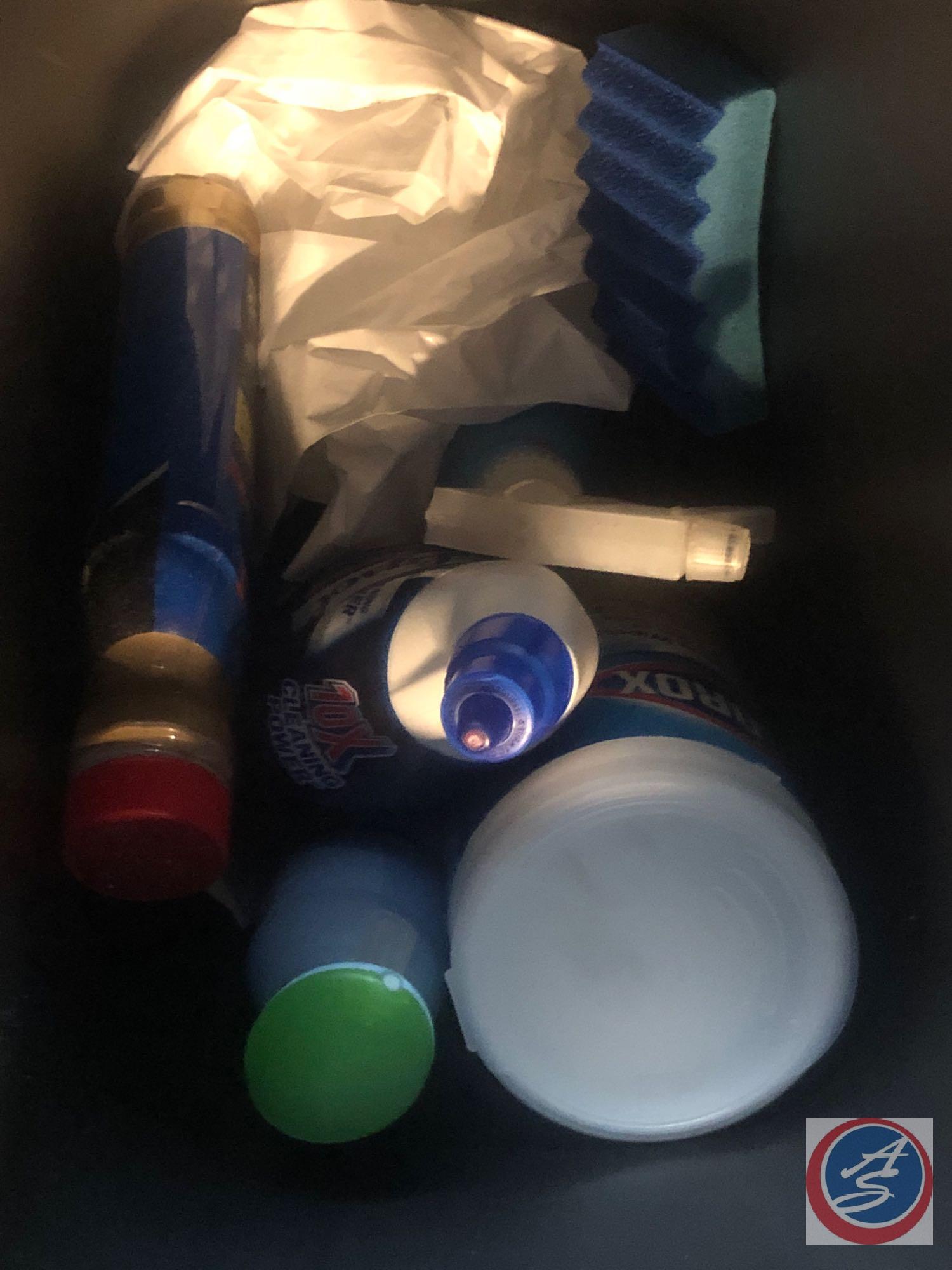 Assorted Cleaning Supplies Including (2) Trash Cans, Tote No Lid, Libman Broom, Harper Upright