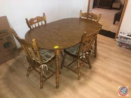 {{5X$BID}} Kitchen Table with One Leaf Measuring 59 1/2" X 36" X 30" and (4) Slat Back Chairs with