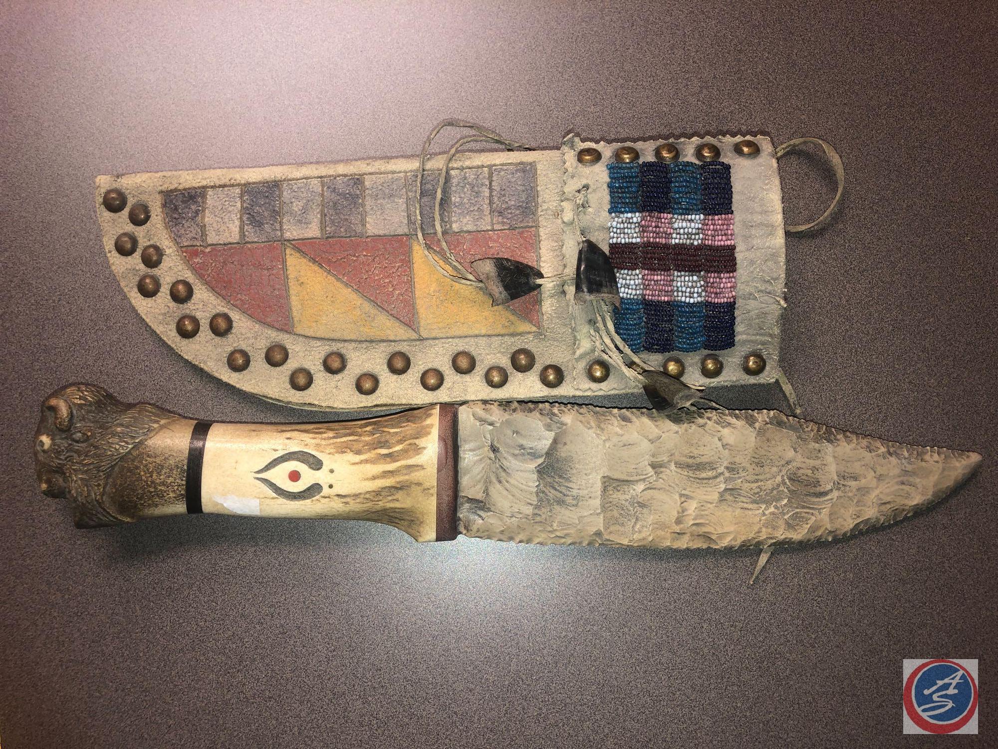 Antique Antler Carved Knife with Leather Case Containing Nail Head Accents and Claws