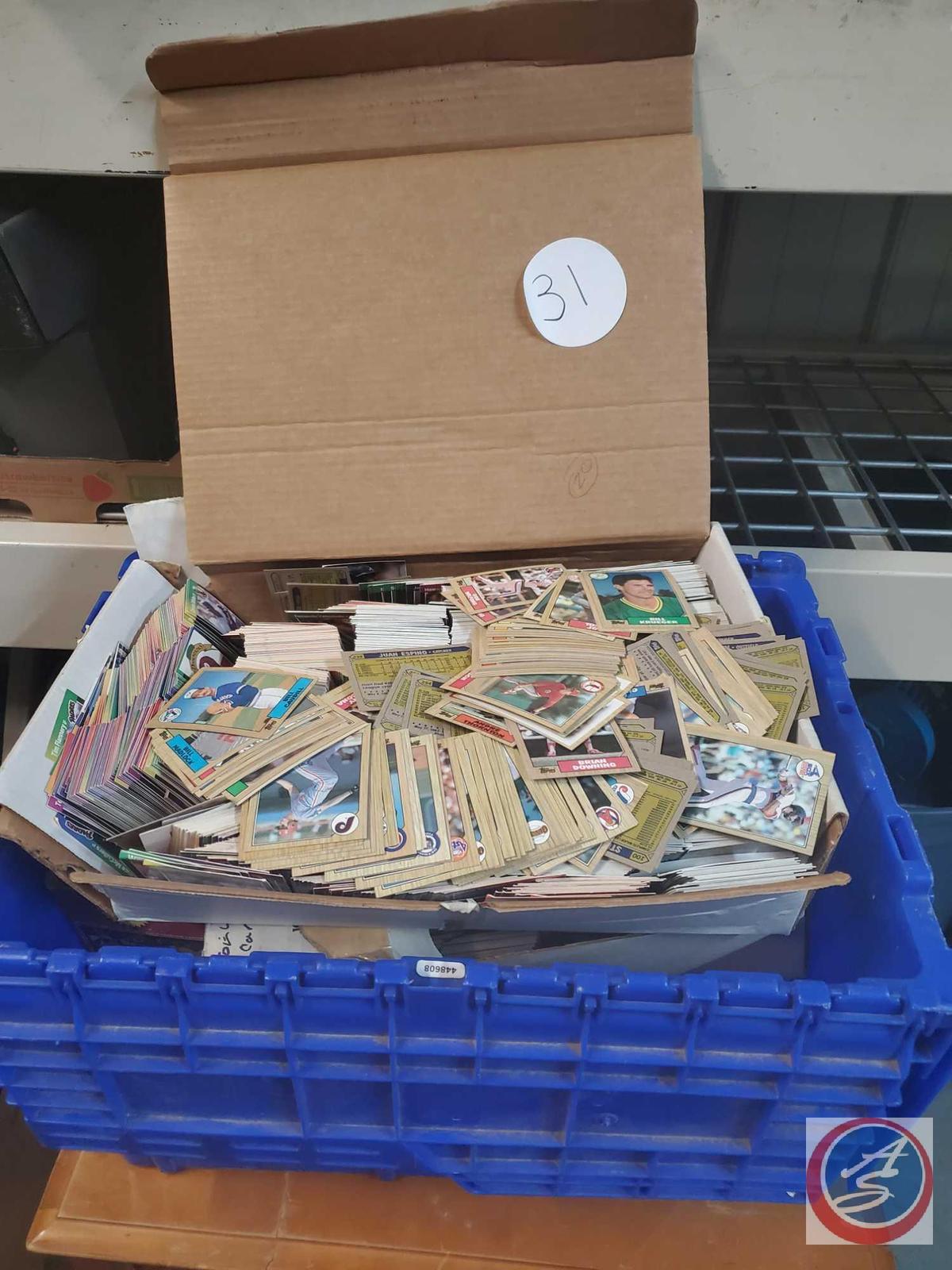 Plastic Tote with boxes of sports cards