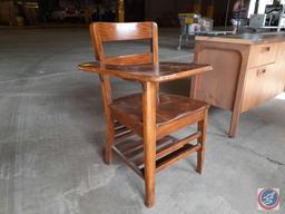 Antique / vintage wood school classroom desk and chair combo; M.U.D. asset #469