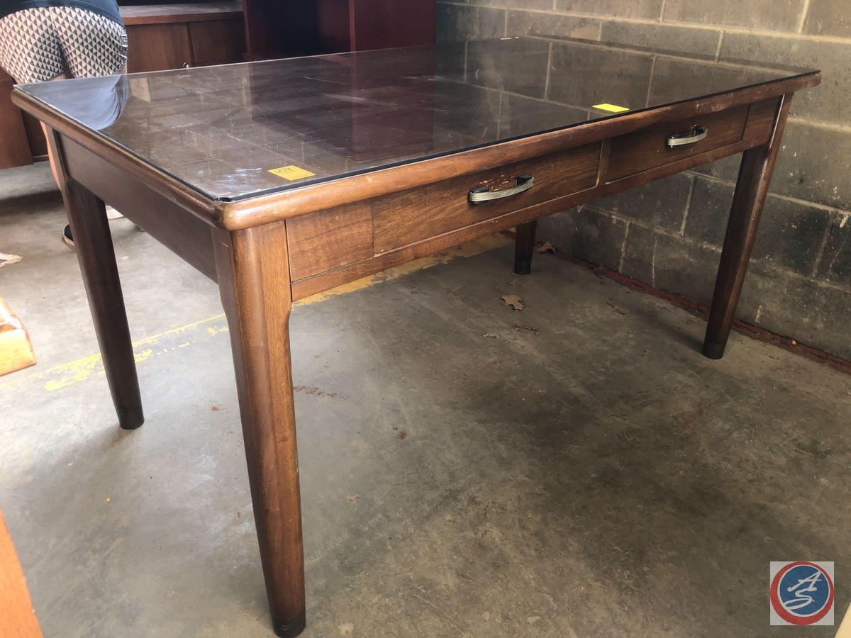 Antique / vintage wood table with glass top and two drawers. NOTE: There is a chip in the glass;