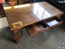 Antique / vintage wood table with glass top and two drawers. NOTE: There is a chip in the glass;