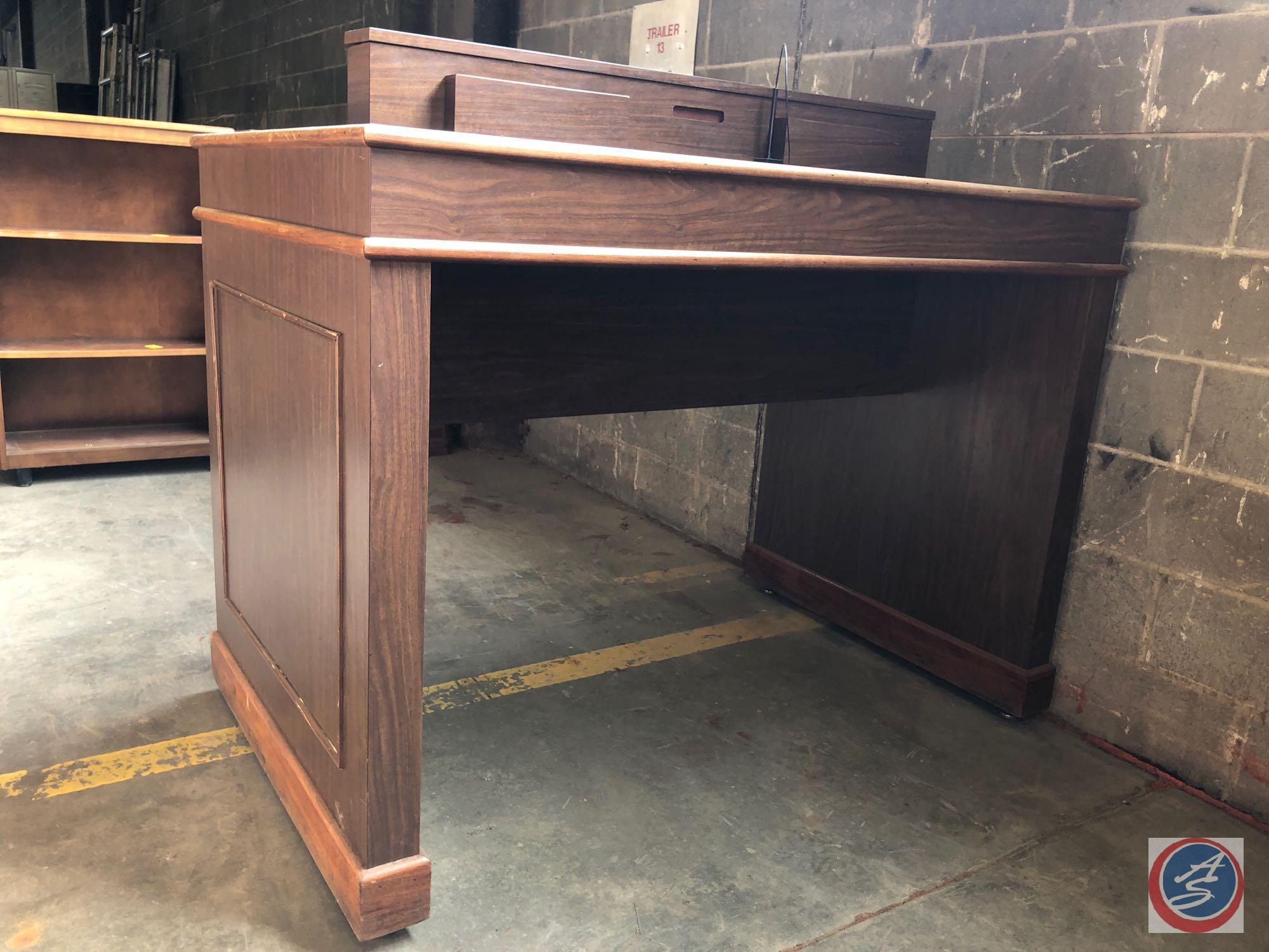 Antique / vintage wood lobby table / stand. The middle area serves as a cabinet to hold the months