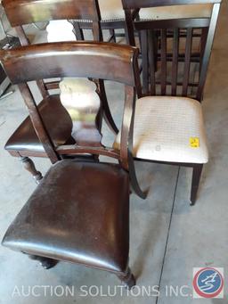 Slat Back Upholstered Chair Measuring 38" and (2) Wood and Leather Decorative Back Chairs Measuring