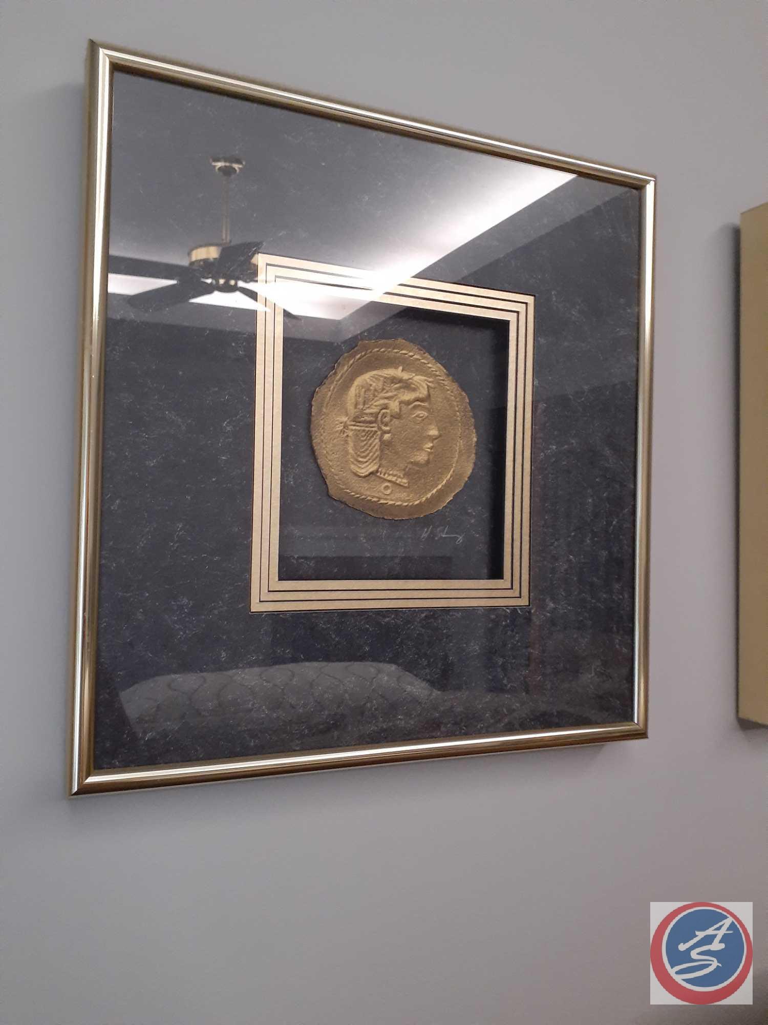 'Medallion'' Framed Artwork Signed by C. Dunlap 32'' x 40'', (3) Framed Gold Art Coins Signed by H.