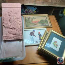 Mayan relief art plaque and assorted framed wall art