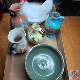 Milk glass hen covered dish, Marbled pottery, Stoneware bowl