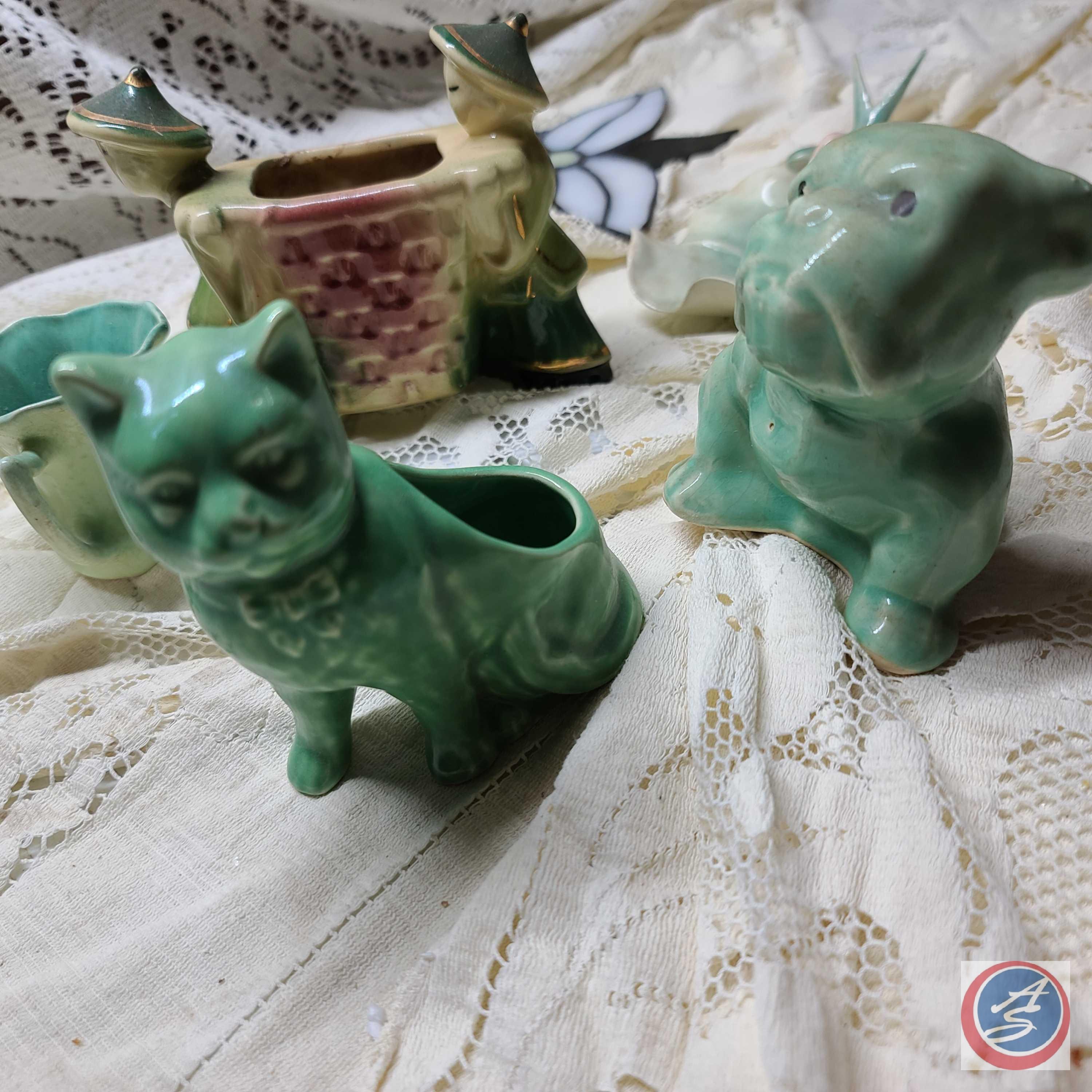 Jade green vintage Ceramic planters and bird trinket dish