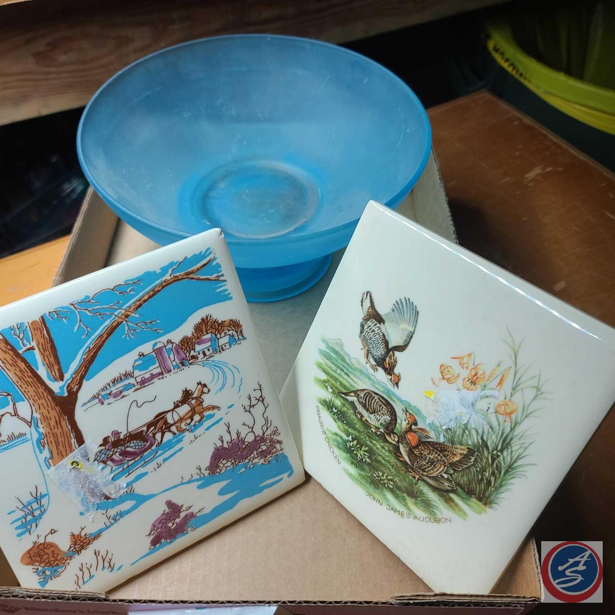 Audubon prairie chickens tile, Horse drawn sleigh tile, frosted glass blue 2 pc footed bowl