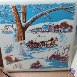 Audubon prairie chickens tile, Horse drawn sleigh tile, frosted glass blue 2 pc footed bowl