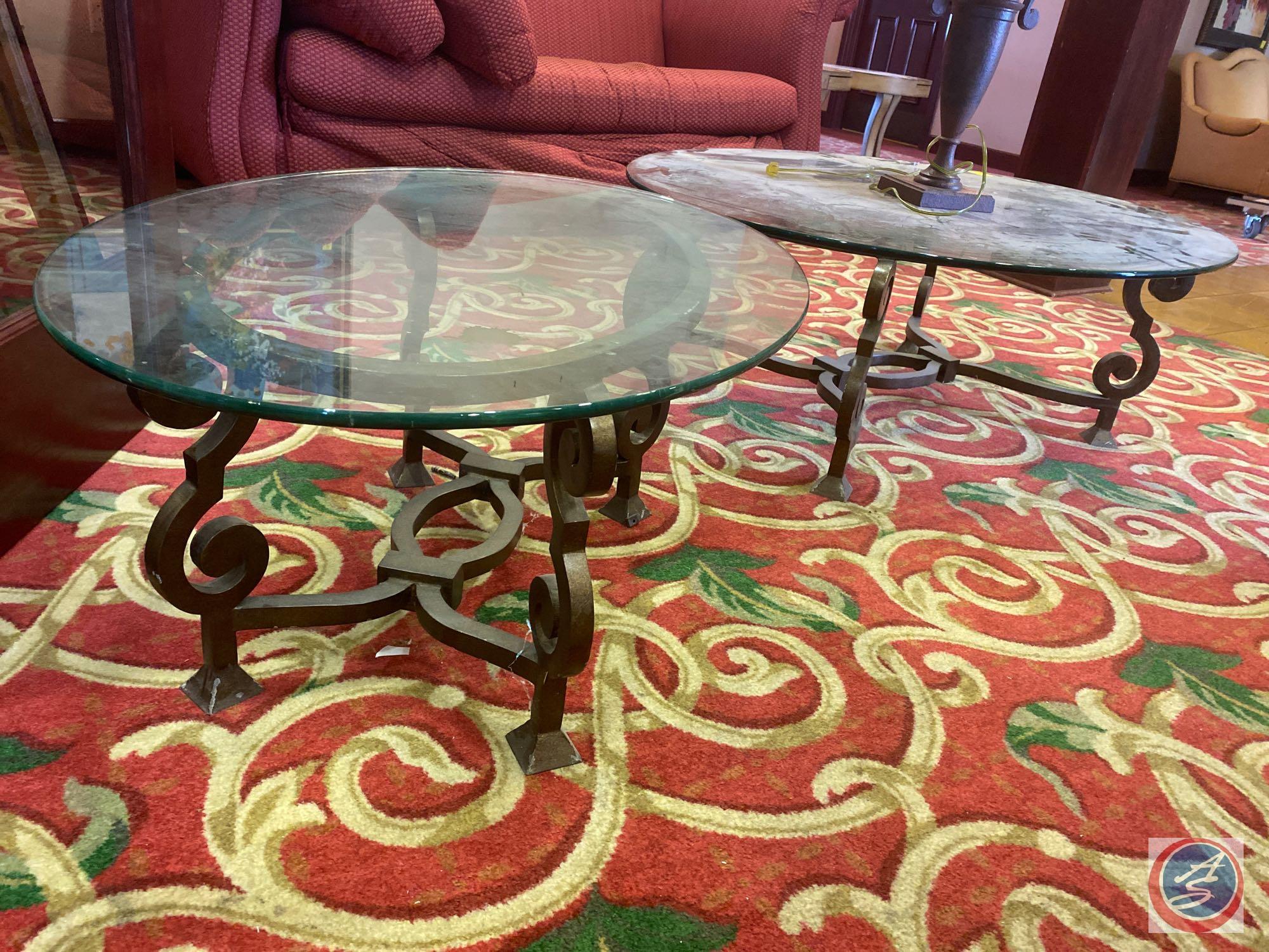 Coffee Table with Metal Base and Glass Top 52" X 40" X 17" and Table Lamp