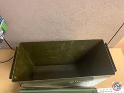 Military Issue Ammo Can - Used Measures 18 inches x 15 inches x 7 1/2 inches wide.