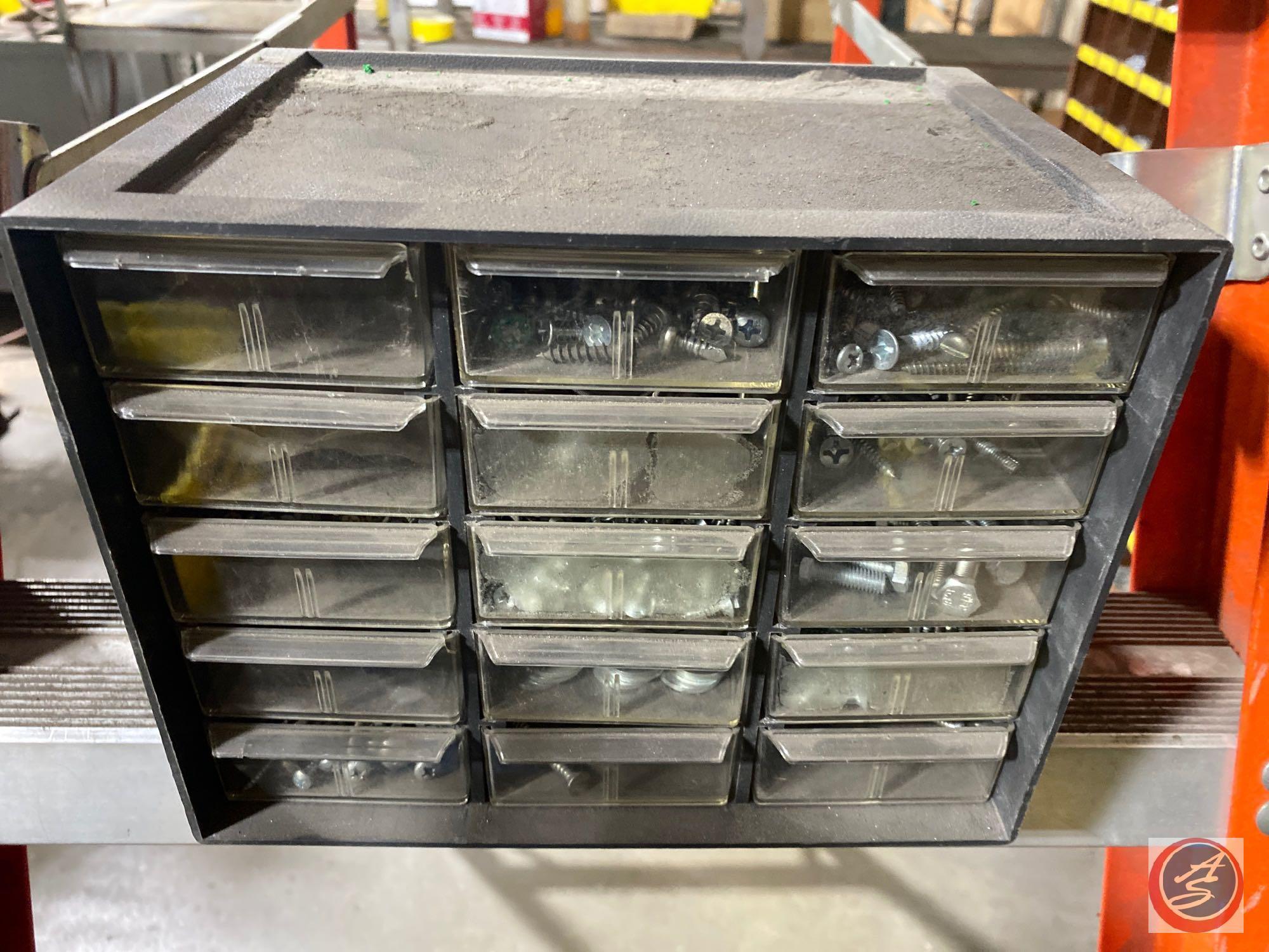 Sliding draawer organizer containing MIG welder tips, guides, gas diffusers, Socket Head Cap Screws