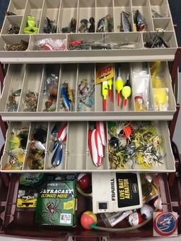 Plano plastic three tiered storage trays w/contents included - Lures of the various types, Hooks,