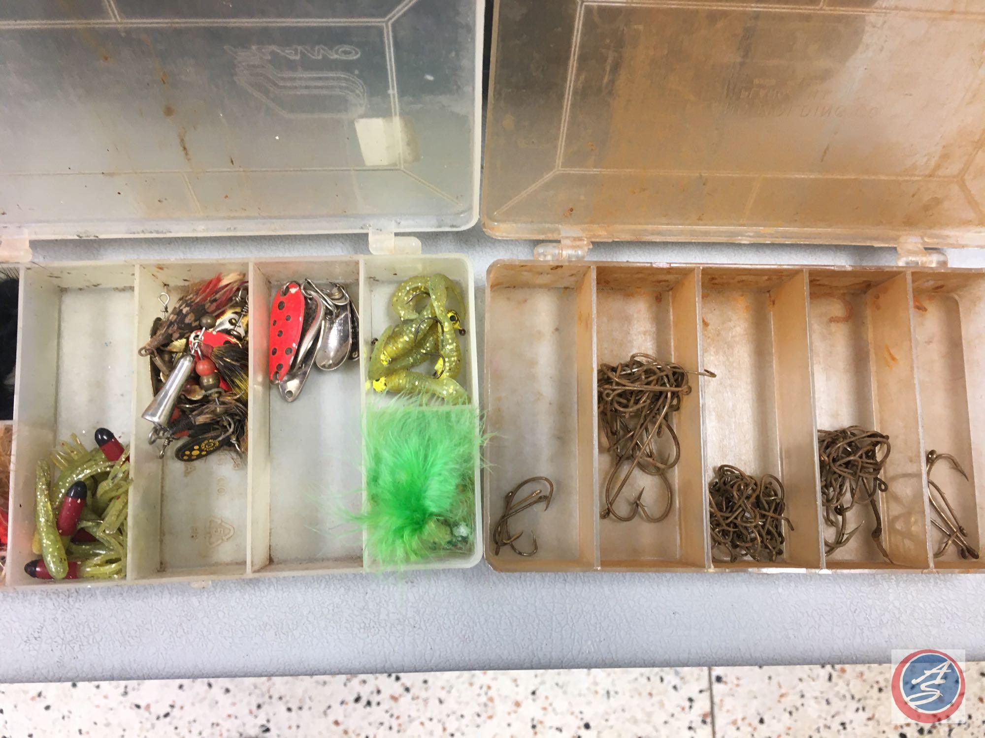 Plano plastic over and under storage trays w/contents included - Lures of the various types, Hooks,