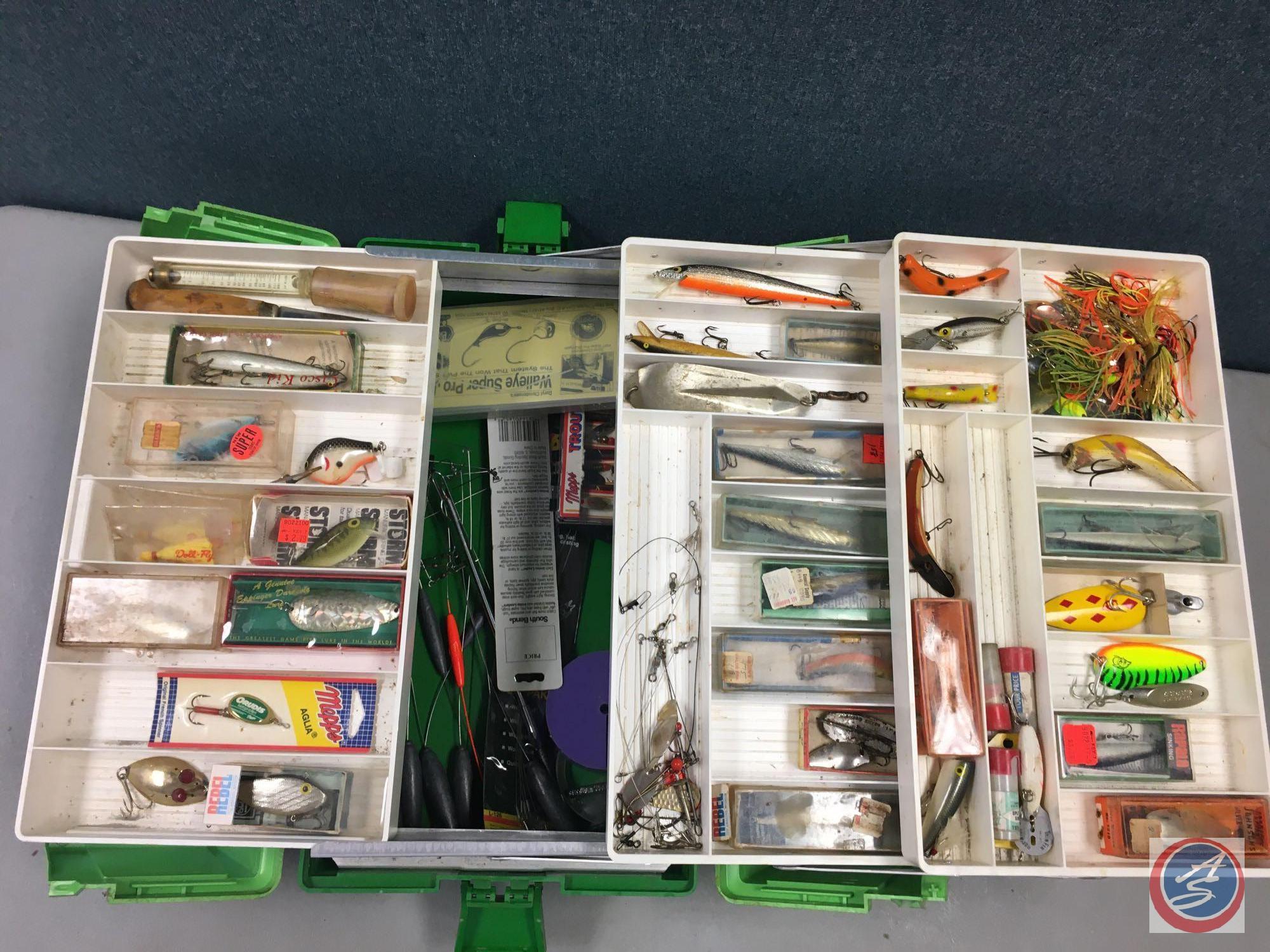 UMCO plastic split top three tiered storage trays w/contents included - Lures of the various types,