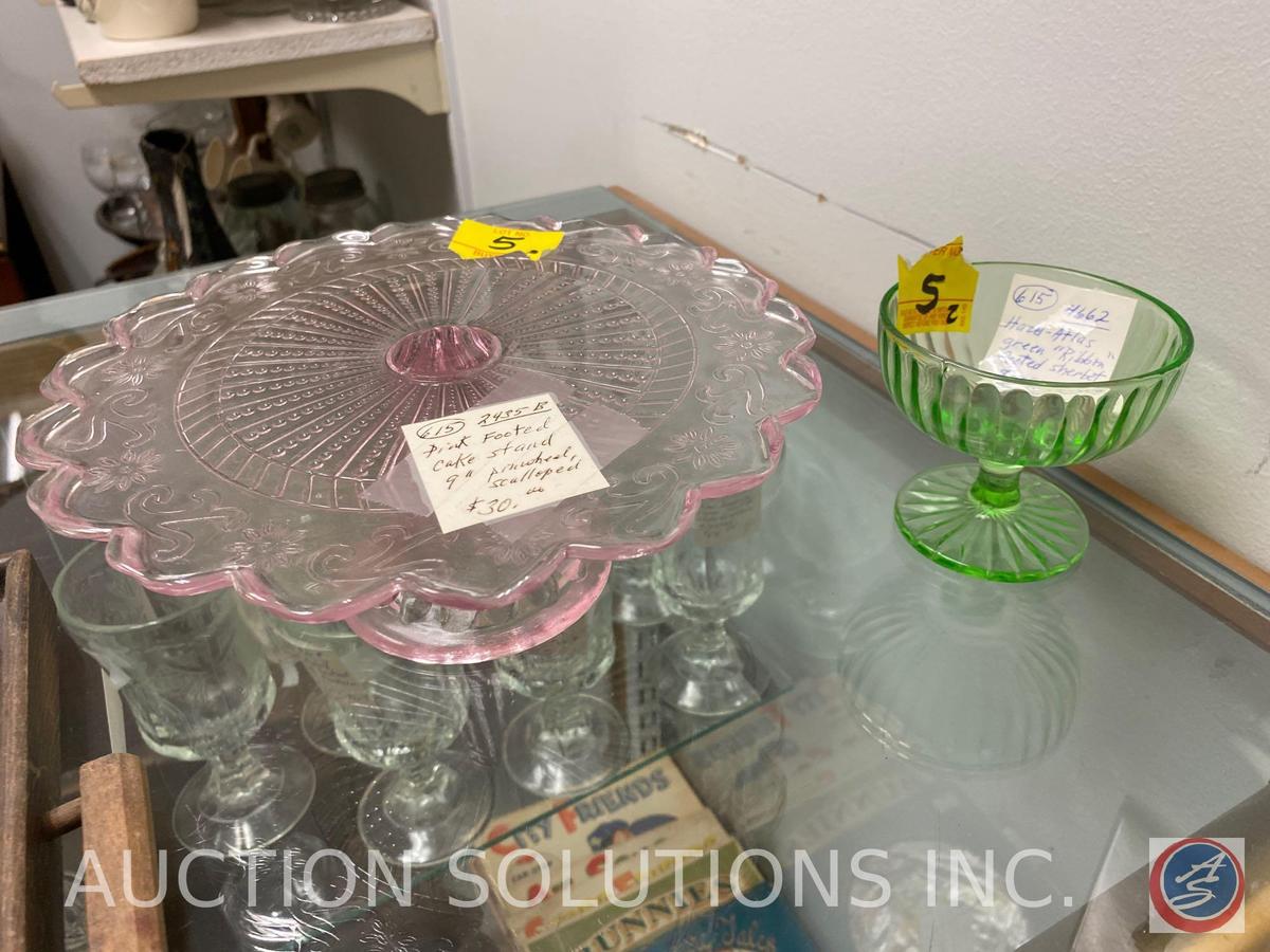 Pink Footed 9 in. Pinwheel Scalloped Cake Stand and Hazel Atlas Green Ribbon Footed Sherbet Glass