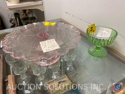 Pink Footed 9 in. Pinwheel Scalloped Cake Stand and Hazel Atlas Green Ribbon Footed Sherbet Glass