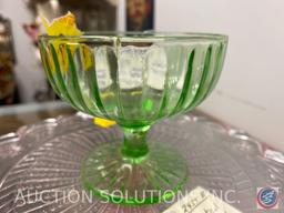 Pink Footed 9 in. Pinwheel Scalloped Cake Stand and Hazel Atlas Green Ribbon Footed Sherbet Glass