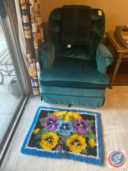 Upholstered Swiveling Rocking Chair, Latch Hook Rug, Green Plaid Throw Blanket