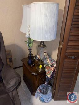 Pair of Cut Glass and Brass Lamps, Throw Blanket, Vase w/ Faux Flowers and Side Table 17'' x 24'' x