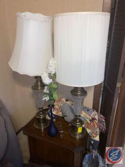 Pair of Cut Glass and Brass Lamps, Throw Blanket, Vase w/ Faux Flowers and Side Table 17'' x 24'' x