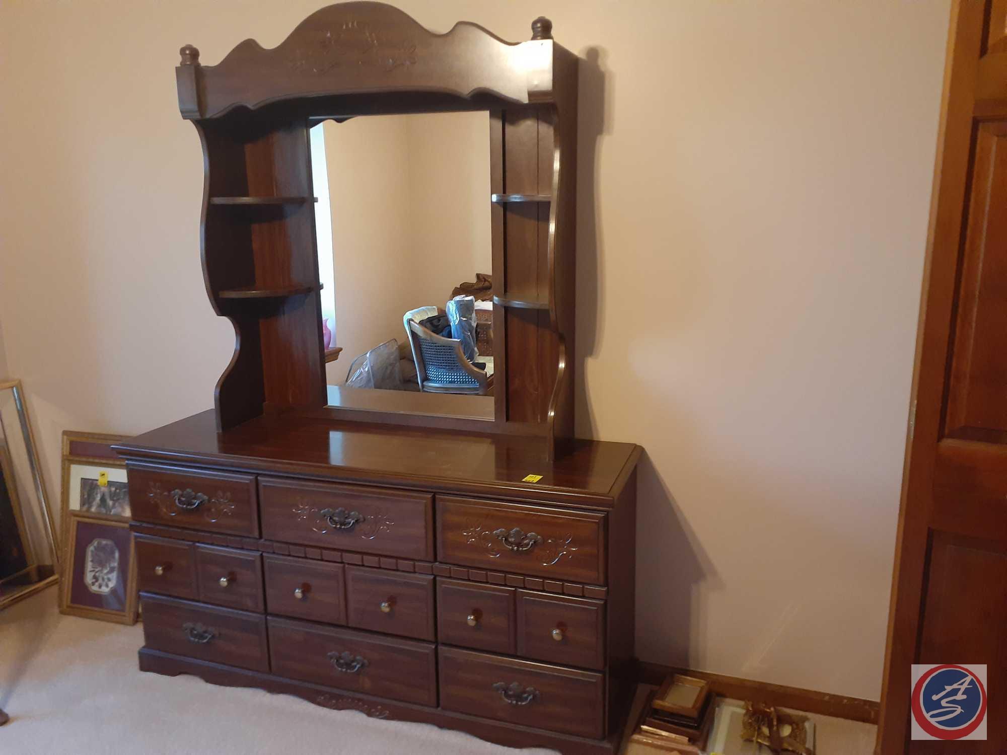 {{2X$Bid}} Vintage Dresser with Mirror Measuring 60'' X 17 1/2'' X 75'' and Five Drawer Dresser