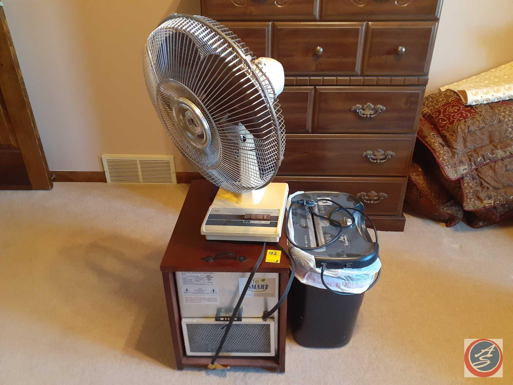 Tozaj Oscillating Fan, Electric Infrared Fireplace Model No. FH-1500-WR and Fellows Paper Shredder