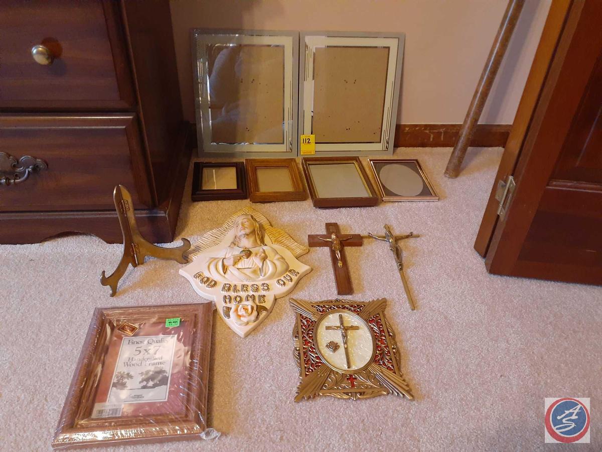 Ceramic God Bless Our Home Wall Hanging, (2) Crucifixes and Assorted Picture Frames