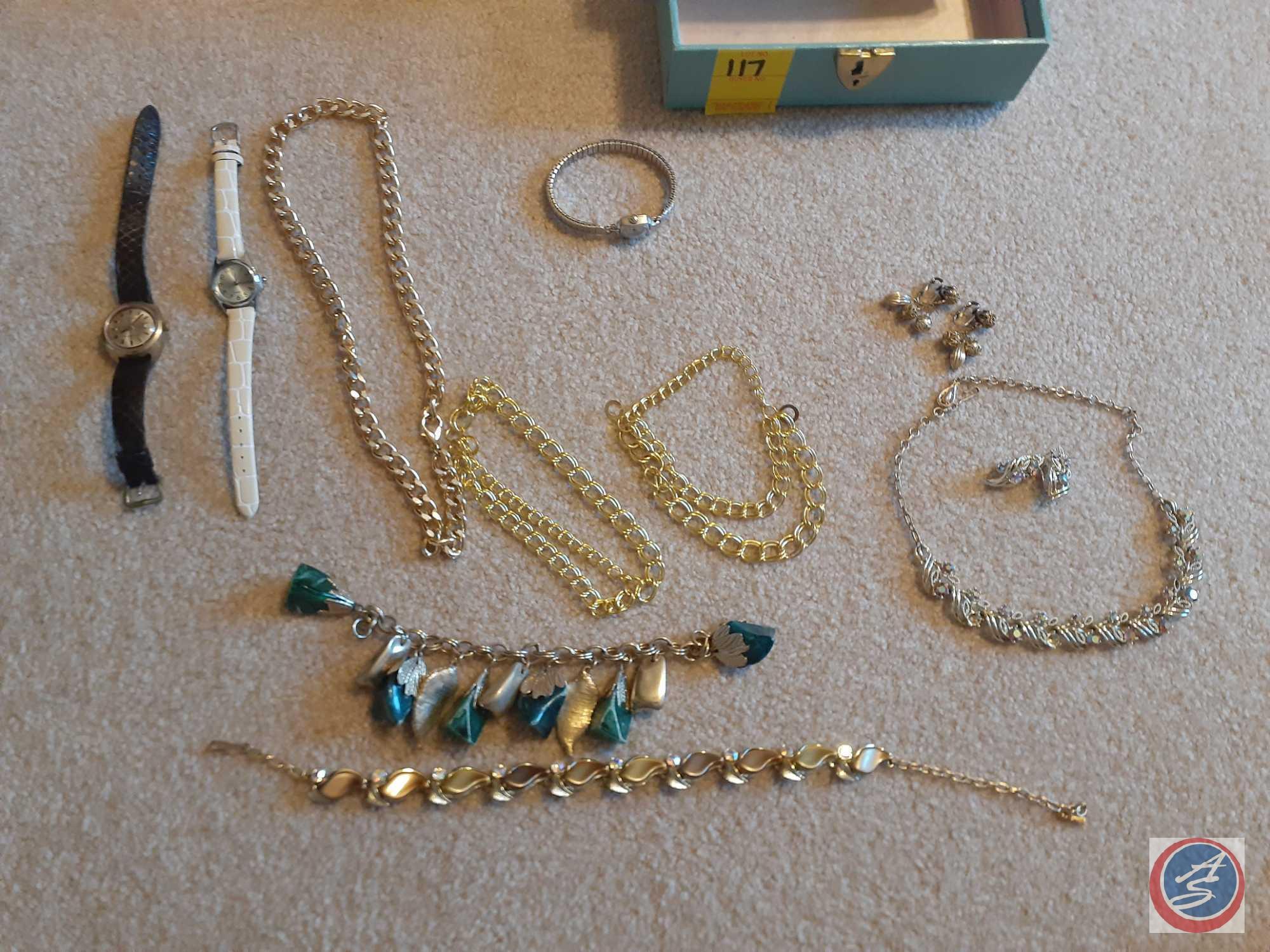 Jewelry Box Including Costume Jewelry, Timex Watch, Cameo Hat Pin, Necklaces, Bracelets and More