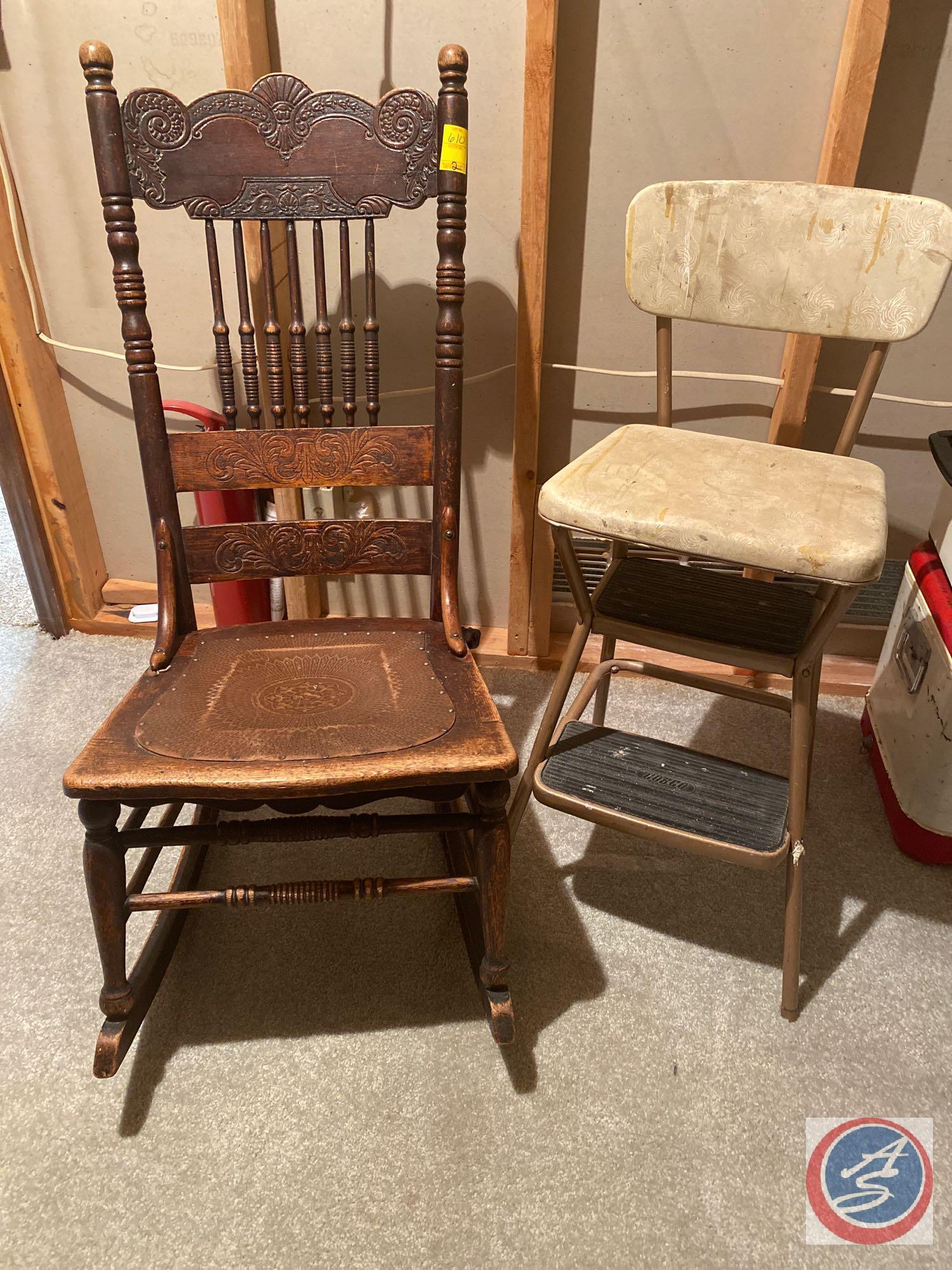 Antique Slat Back Rocking Chair w/ Kitchen Utility Step Stool
