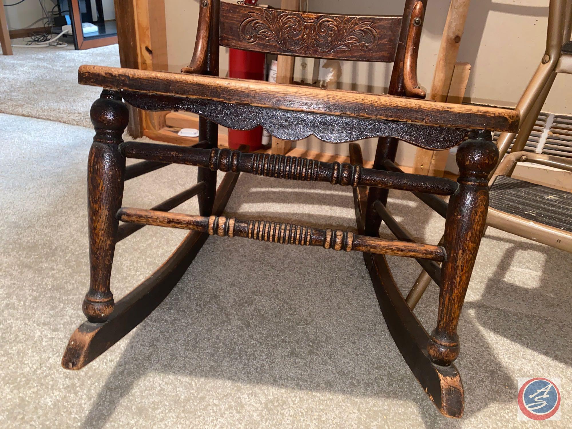 Antique Slat Back Rocking Chair w/ Kitchen Utility Step Stool