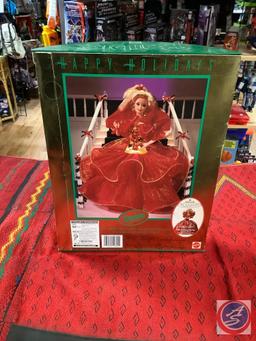 1993 happy holidays Barbie Blonde red dress green and gold box some box ware