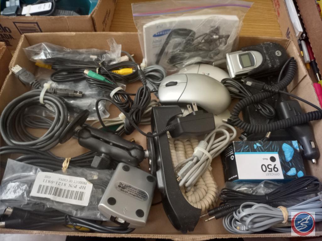 LG Flip Phone, Assorted Computer Mice, Phone Cords, Binder Clips, Calculators and More